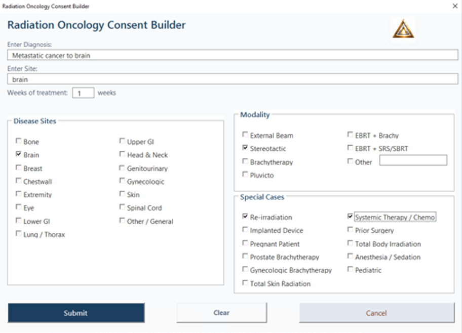 Radiation Oncology Consent Builder interface with disease site, modality, and special case selections