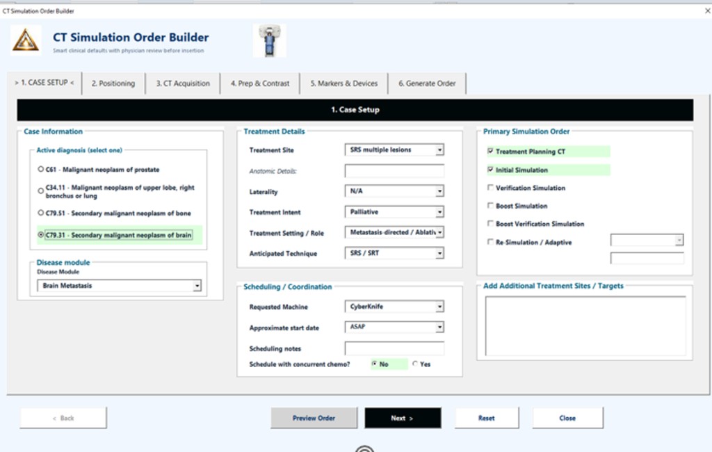 CT Simulation Order Builder interface showing case setup, treatment details, and simulation order selections